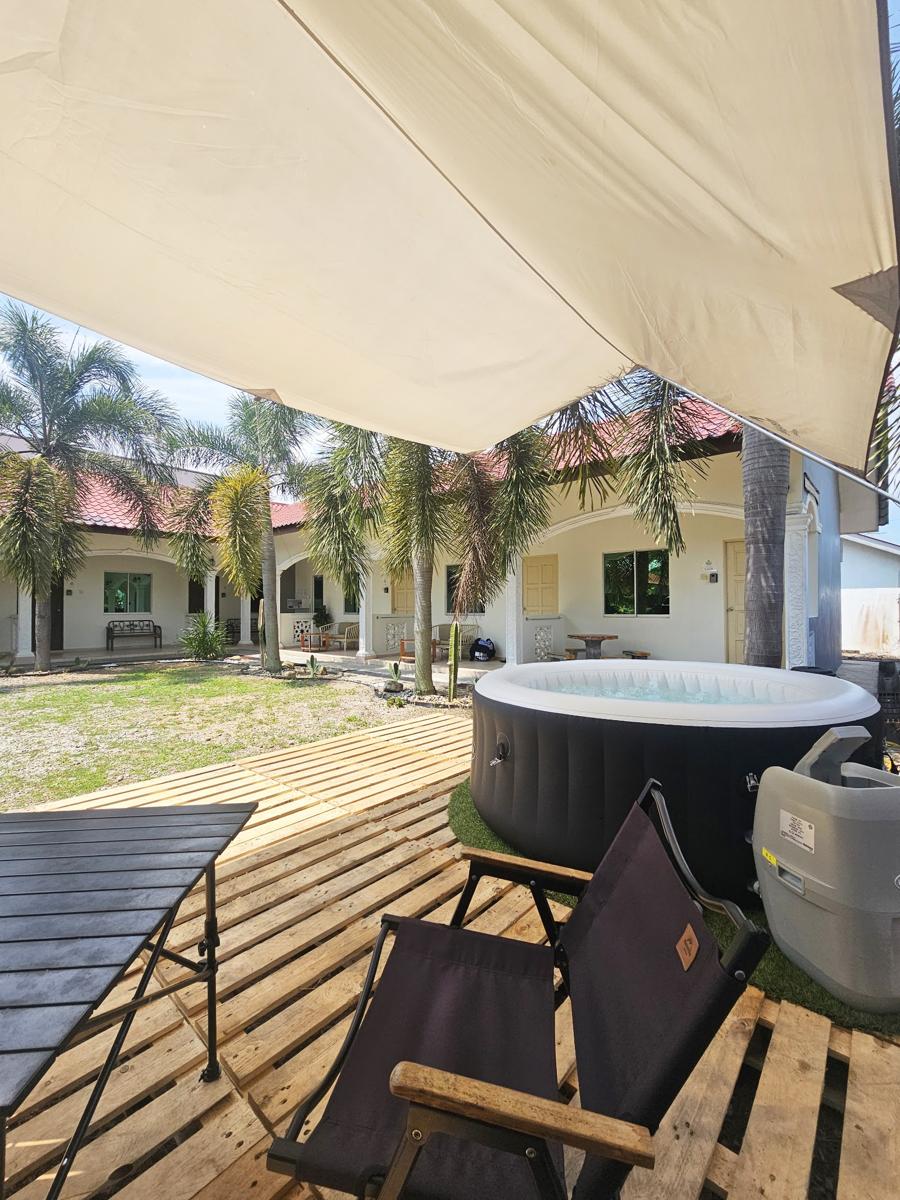 Outdoor deck with hot tub